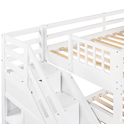DRELOFT L-Shaped Twin Bunk Bed with Storage Drawers White
