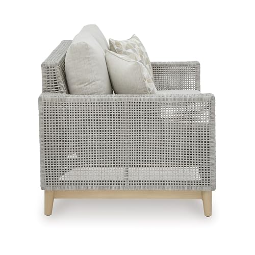 Benzara Yami 59 Inch Outdoor Loveseat with 2 Accent Pillows Gray and Brown