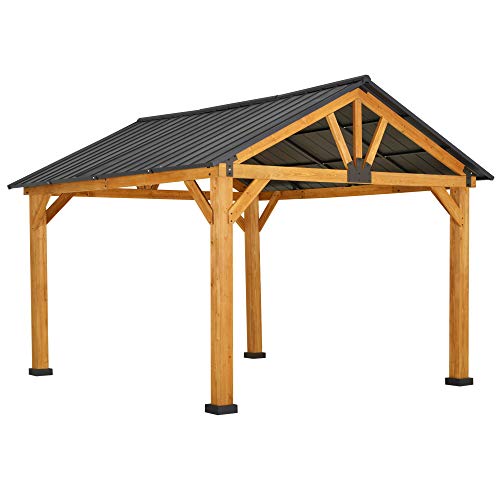 Outsunny 11' x 13' Hardtop Gazebo with Galvanized Steel Roof, Wooden Frame, Natural/Black