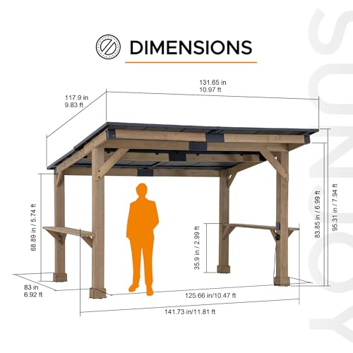 Sunjoy Wooden Grill Gazebo 10 ft. x 12 ft. Outdoor Cedar Frame with Metal Hardtop Roof and PowerPort Wood
