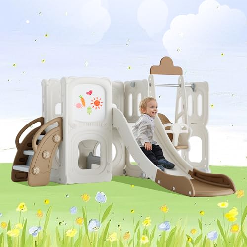 CUAUC 5-in-1 Toddler Slide and Swing Set with Drawing Whiteboard Coffee