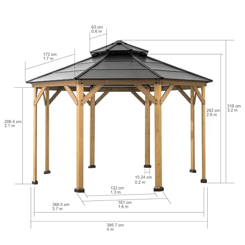 Sunjoy Ion Collection 13x13 ft Cedar Framed Octagon Wood Gazebo with Brown Steel Hardtop Roof
