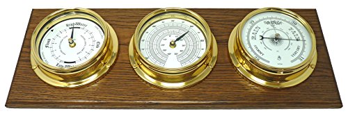 Tabic Brass Tide Clock with Traditional Barometer & Thermometer on English Oak Mount