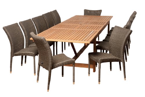 Amazonia Derby 13-Piece Eucalyptus/Wicker Extendable Rectangular Dining Set Eucalyptus
