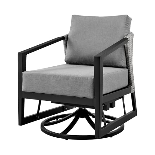 Benzara Nyla 28 Inch Patio Swivel Lounge Chair Wicker Back Aluminum Frame Black Gray