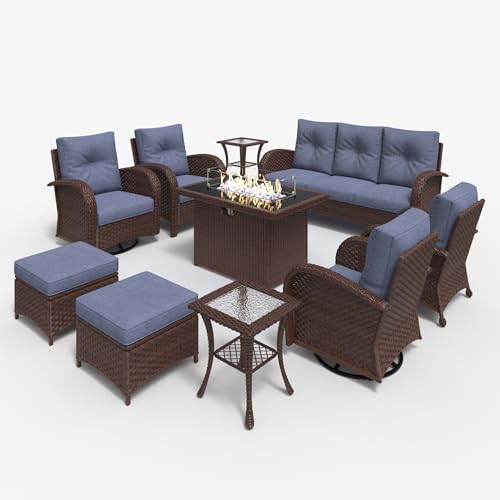 LayinSun 10-Piece Outdoor Patio Furniture Set with Fire Pit Table and Rattan Wicker Swivel Rocker Chairs Brown/Navy Blue