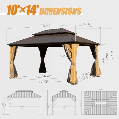 LOPOO Cedar Wood Gazebo Brown - Solid Hardtop with Galvanized Steel Double Roof, Includes Netting & Curtains
