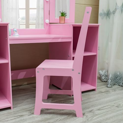 JoanKaren Kids Vanity Table 2-in-1 Princess Makeup Desk with Touch Light Pink With Crown