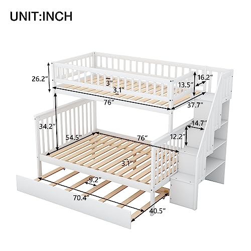 BOVZA Twin Over Full Bunk Bed with Trundle and Storage Stairs White