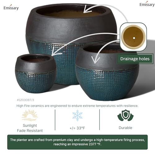 Emissary Matte Black/Teal Stoneware Round Planters Set of 3
