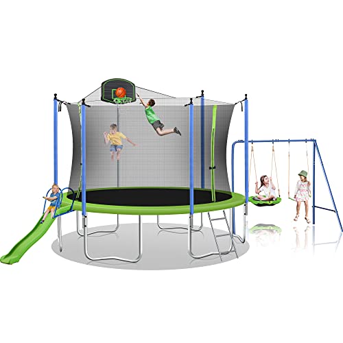 Steelway 14ft Trampoline Combo with Swing, Slide, Safety Net & Basketball Hoop 14FT Green