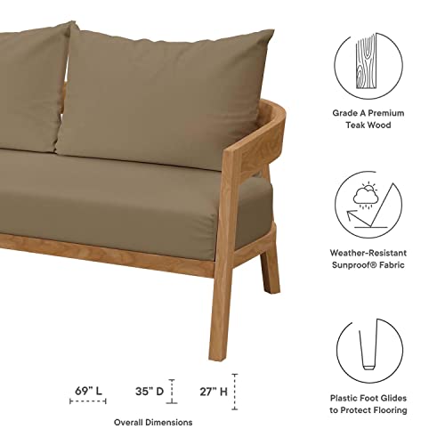 Modway Brisbane Modern Teak Wood/Fabric Patio Loveseat Natural Light Brown