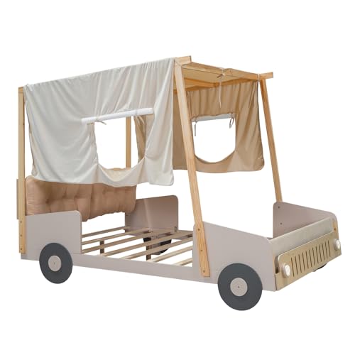 YOPTO Kids Car-Shaped Floor Bed with LED Lights & Magazine Holder Natural