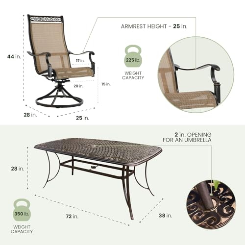 Hanover Manor 7-Piece Outdoor Dining Set with Cast-Top Aluminum Table and 6 Tan PVC Sling Rockers Cast/Sling
