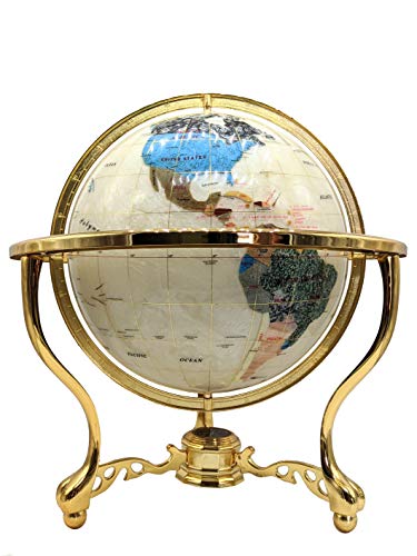 Unique Art Since 1996 Pearl Swirl Gemstone World Globe with Gold Stand Pearl White