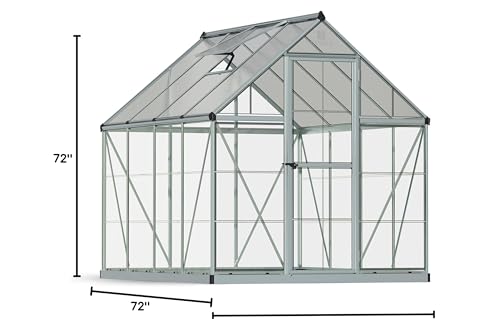 Palram Canopia 6x8 Greenhouse Walk-In UV Polycarbonate Heavy Duty Aluminum Lockable Door Adjustable Roof Vent Silver with Plant Hangers