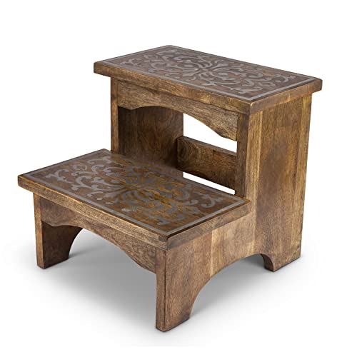 GG Collection Heritage Mango Wood Metal Step Stool Brown