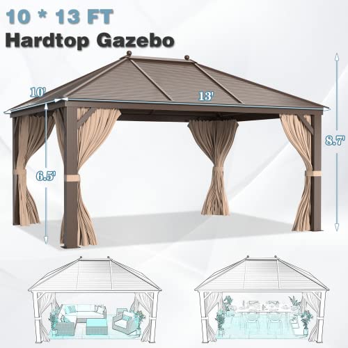 MELLCOM 10'x13' Hardtop Gazebo with Netting and Curtains Dark Brown
