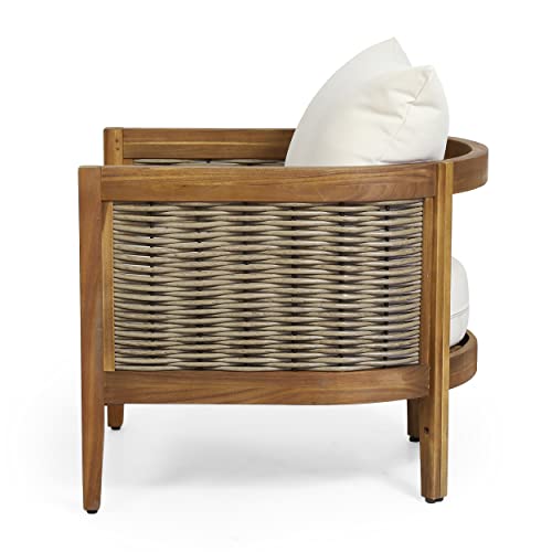 Christopher Knight Home Burchett Outdoor 4pc Chat Set Acacia Wood Wicker Teak Finish Mixed Brown Beige