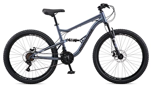 Mongoose Status Mountain Bike 26-Inch Wheels 21 Speed Trigger Shifters Aluminum Frame Dual Suspension Front and Rear Disc Brakes Slate Blue