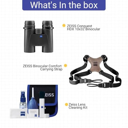 ZEISS Conquest HDX 10x32 Binocular Bundle with Carrying Strap & Lens Cleaning Kit Black