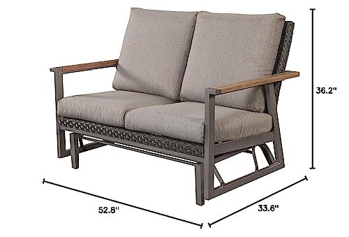 LOKATSE HOME Patio Glider Loveseat Steel Frame 2-Person Bench with Rattan Backrest Grey Cushion