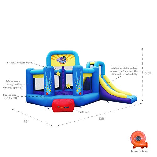 Bounceland Pop Star Inflatable Bounce House with Slide and Basketball Hoop Blue