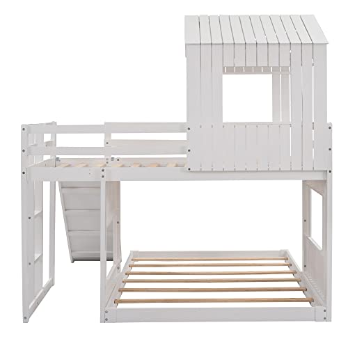 Harper & Bright Designs Twin Over Full House Bunk Bed with Slide and Roof White