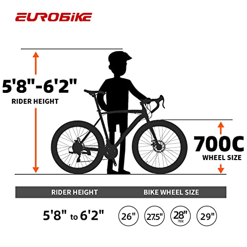 EUROBIKE Road Bike 700C Wheels 21 Speed Dual Disc Brake Bicycle 54cm Frame Black Red