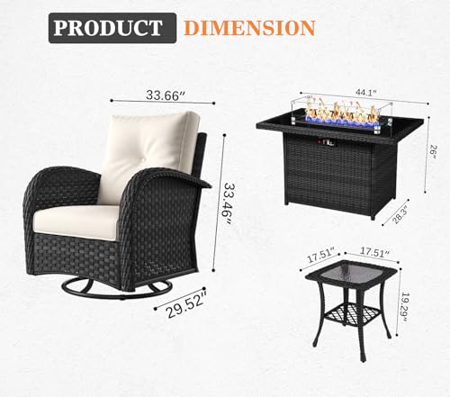 Vakollia 7-Piece Patio Furniture Set with Fire Pit Table and Swivel Rocking Chairs Black/Beige
