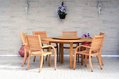 Amazonia Powell 7-Piece Wood Patio Dining Set Round Table with Lazy Susan Light Brown - Teak Finish
