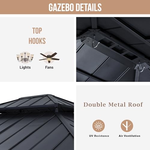 ABCCANOPY Wood Gazebo 11x13 Black - Outdoor Patio Wooden Gazebo with Hardtop Metal Double Roof