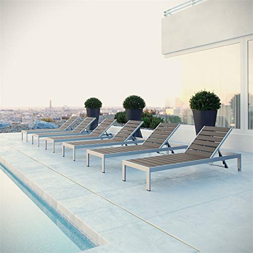 Pemberly Row Aluminum Patio Chaise Lounge Chair Set of 6 Grey