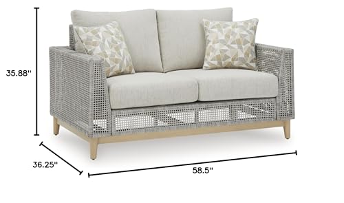 Signature Design by Ashley Seton Creek Cottage Weather Resistant Outdoor Loveseat with Cushion and 2 Throw Pillows Light Brown & Light Gray