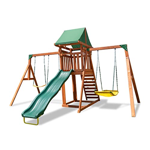 Sportspower Sherwood Wood Swing Set with Swings & Slide Green