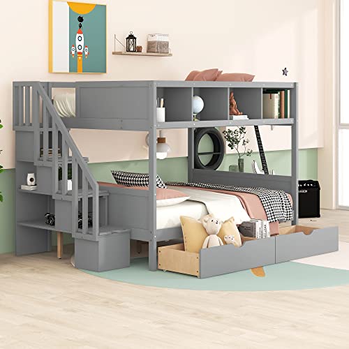 BOVZA Twin Over Full Bunk Bed with Storage Shelves, Drawers & Staircase Grey