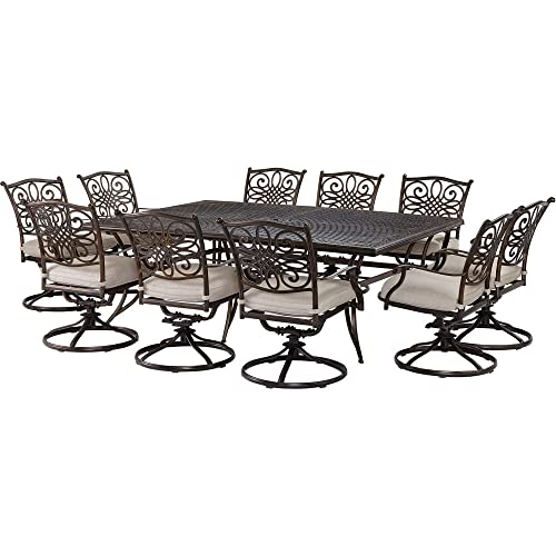 Hanover Renditions 11-Piece Outdoor Dining Set with Sunbrella® Fabric, 60"x84" Table & Swivel Chairs in Silver/Bronze