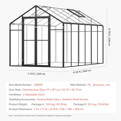 VEVOR Polycarbonate Greenhouse 8x12 Ft Black