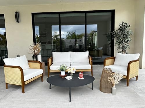 Nathan James Twila Bohemian Outdoor Loveseat Rattan Patio Sofa Light Acacia Wood/Linen White