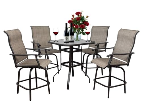 Generic 5 Piece Outdoor Bar Stools Set - 4 Swivel Patio Chairs & 1 Bistro Table with Umbrella Hole Upgraded Brown