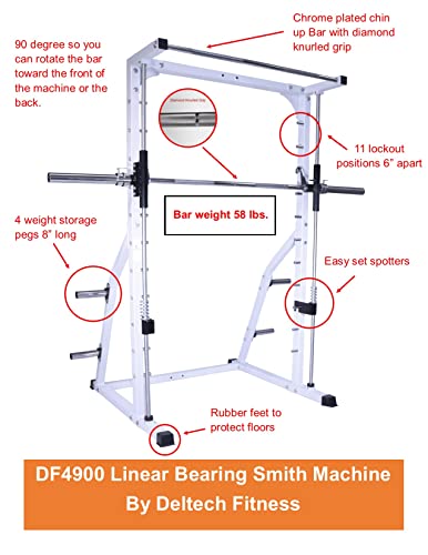 Deltech Fitness DF4900 Smith Machine with Linear Bearings, Weight Plate Storage, Pull-Up Bar, Squat Rack, Half Power Cage White and Black