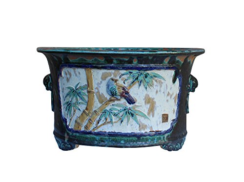 Orientliving Chinese Ceramic Dimensional Flower Butterfly Round Planter Green