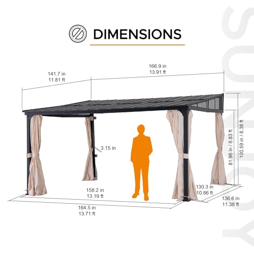 Sunjoy 12x14 ft Wall Mounted Gazebo with Powder Coated Steel Roof, Black Aluminum Frame, Curtains & Netting Black