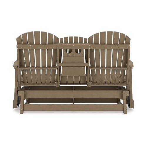 Benzara 67 Inch Outdoor Adirondack Glider Loveseat with Dropdown Cupholders Brown