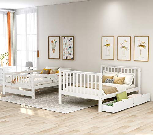 Harper & Bright Designs Full Over Full Bunk Bed with Storage Drawers and Stairway Shelves White