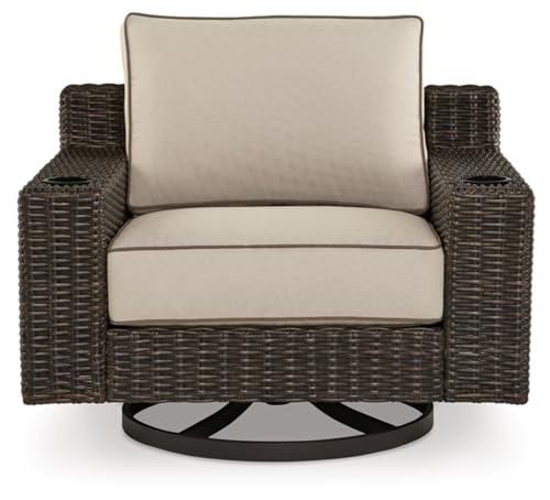 Signature Design by Ashley Coastline Bay Casual Outdoor Swivel Lounge with Cushion, Beige & Dark Brown
