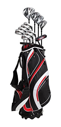 PRECISE Men's Golf Club Set Titanium Driver, Fairway Woods, Hybrid, Irons, Putter, Stand Bag, 4 H/C's Red