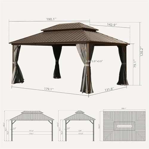 LOPOO Hardtop Gazebo Premium Aluminum Frame with Double Roof Canopy and Curtains Brown