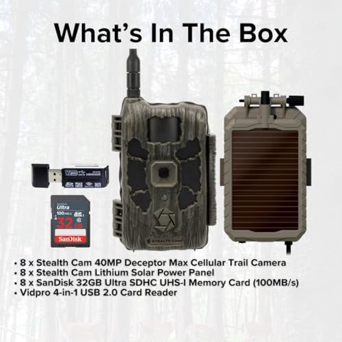 Stealth Cam 40MP Deceptor Max Cellular Trail Camera Bundle with Solar Power Panel, Card Reader, and 32GB Memory Cards (8-Pack)