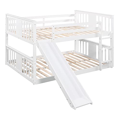P PURLOVE Full Over Full Bunk Bed with Ladder and Slide White